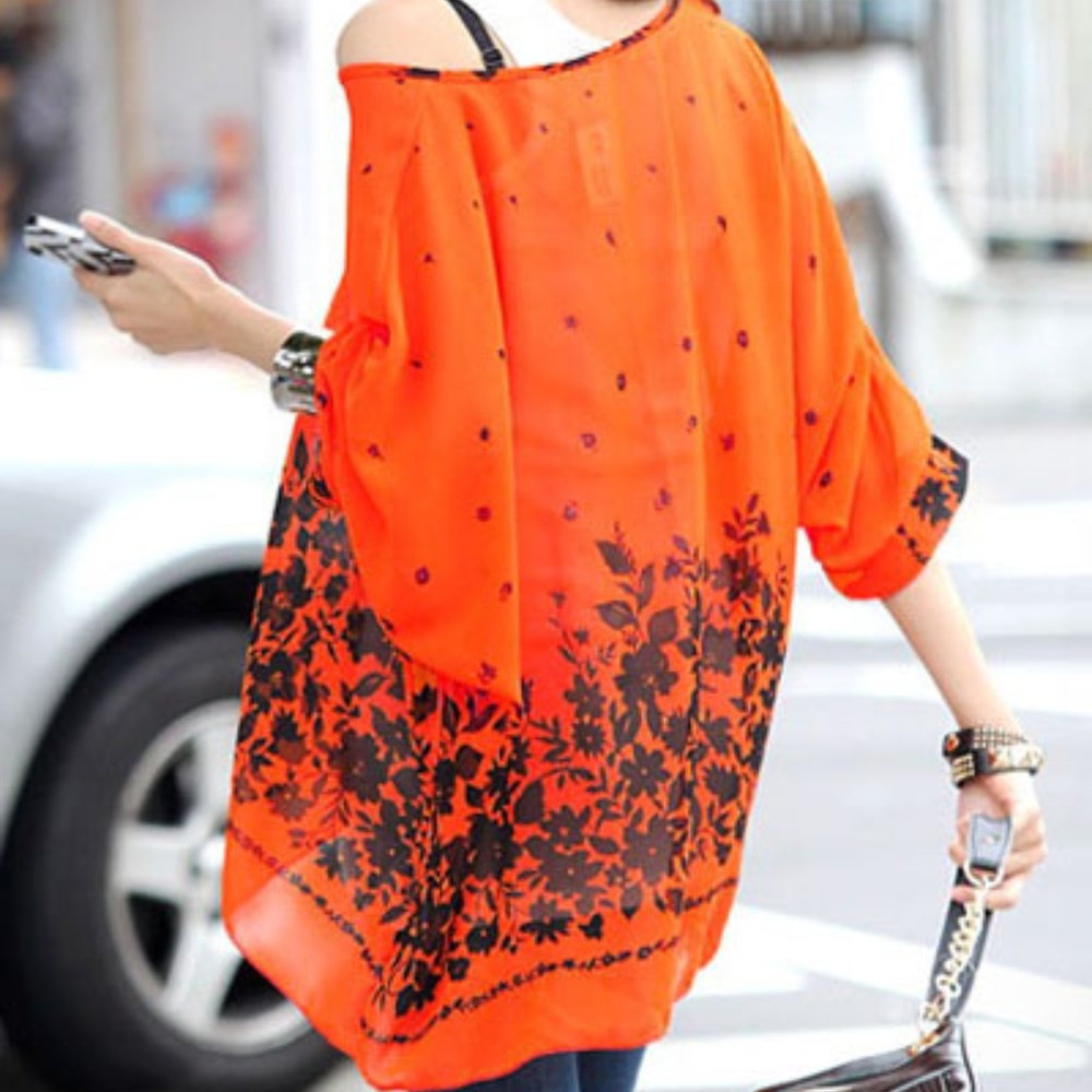 COPY - Casual flower print orange bohemian top